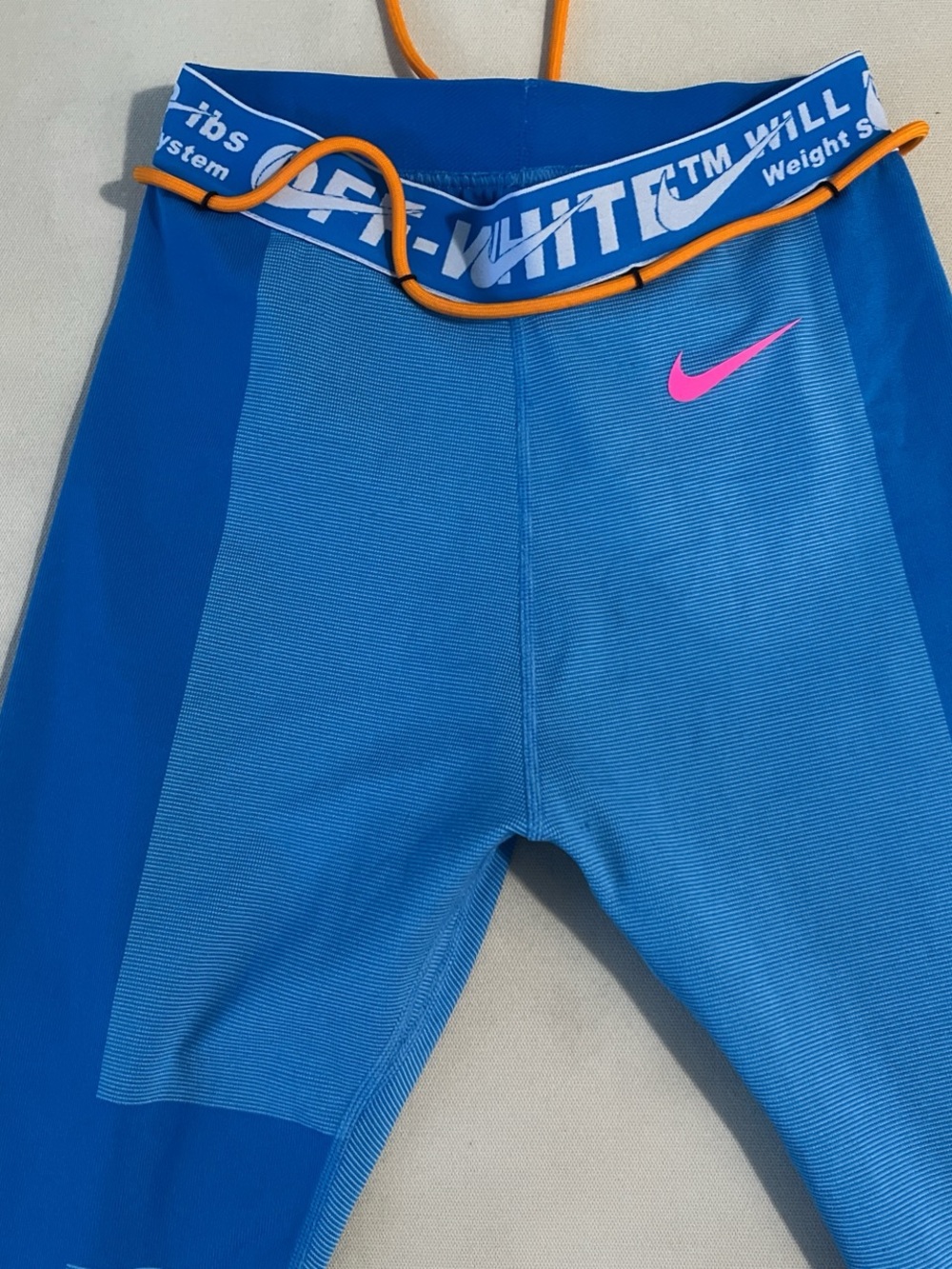Off-White Blue Leggings with Pink Logo and Orange Drawcord